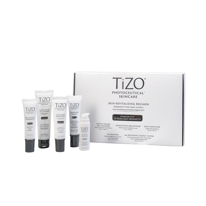 TiZO Photoceutical Skincare Skin Revitalizing Regimen box with TiZO Mini Gentle Amino Gel Cleanser, TiZO Mini Complexion Brightener, TiZO Mini Daily Moisture, TiZO Mini Eye Renewal Non-Tinted, and TiZO Mini AM Replenish Lightly Tinted.