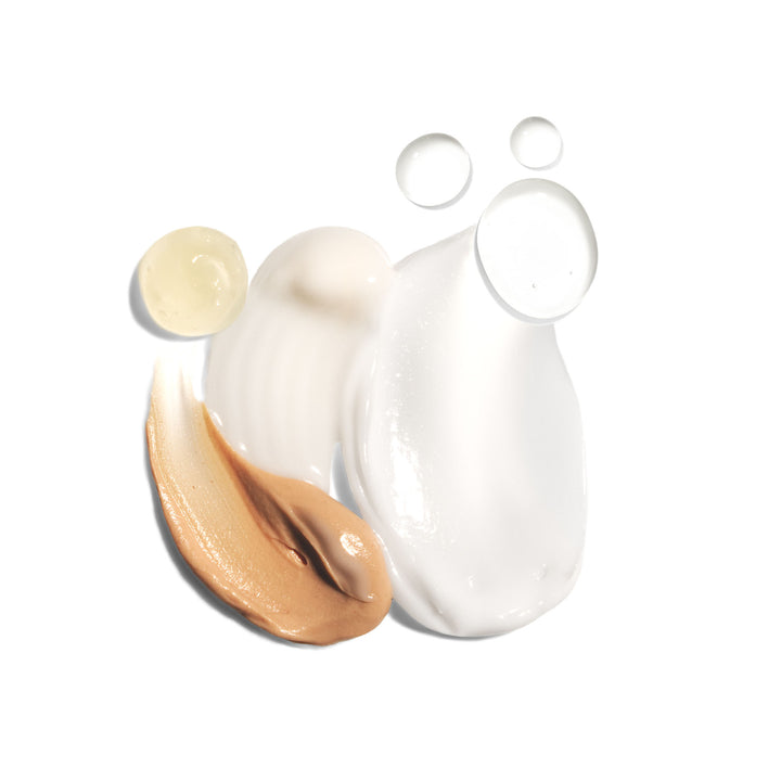 Swatches that include, TiZO Gentle Amino Gel Cleanser, TiZO Complexion Brightener, AM Replenish Lightly Tinted, TiZO PM Restore, and TiZO Daily Moisture.