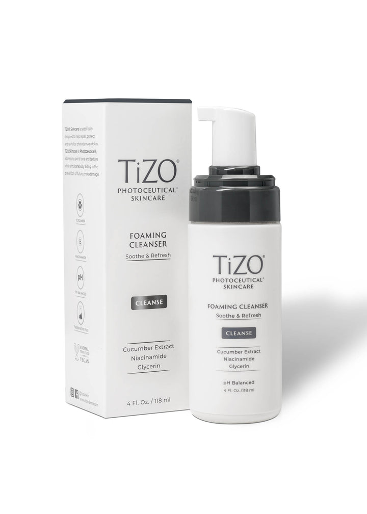 TiZO Foaming Cleanser box and bottle on while background.
