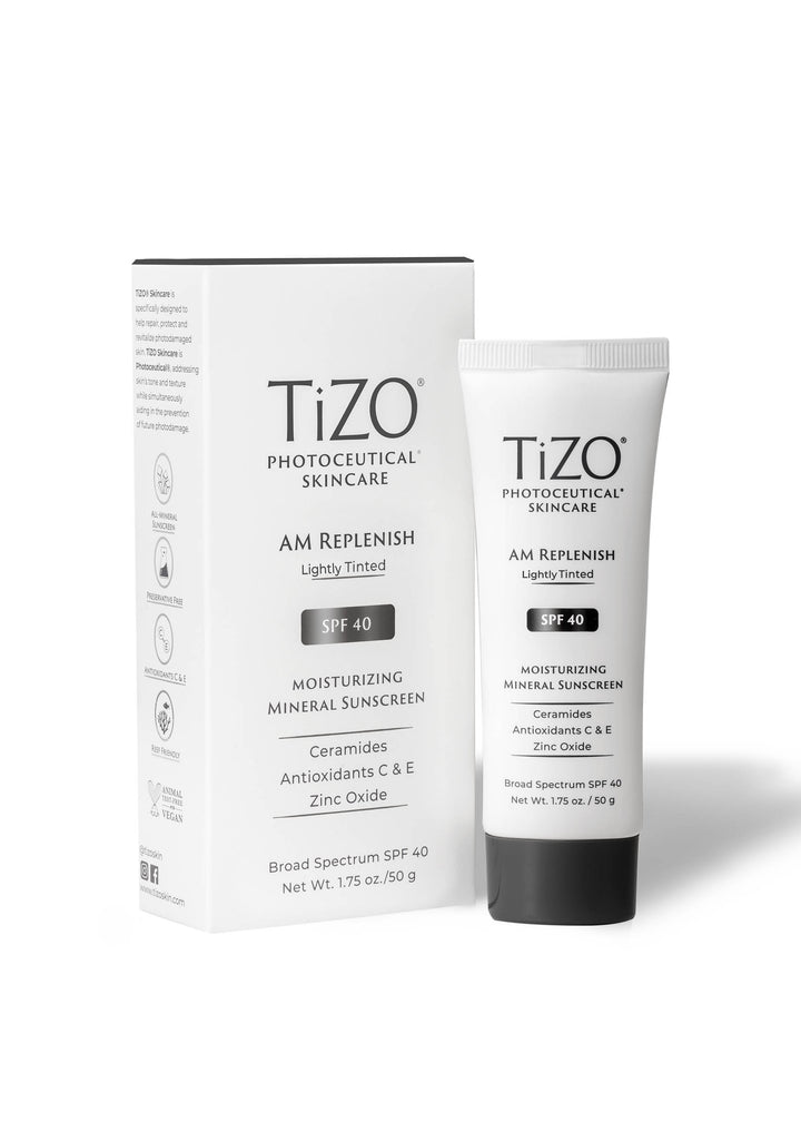 TiZO AM Replenish Lightly Tinted box and tube on white background.
