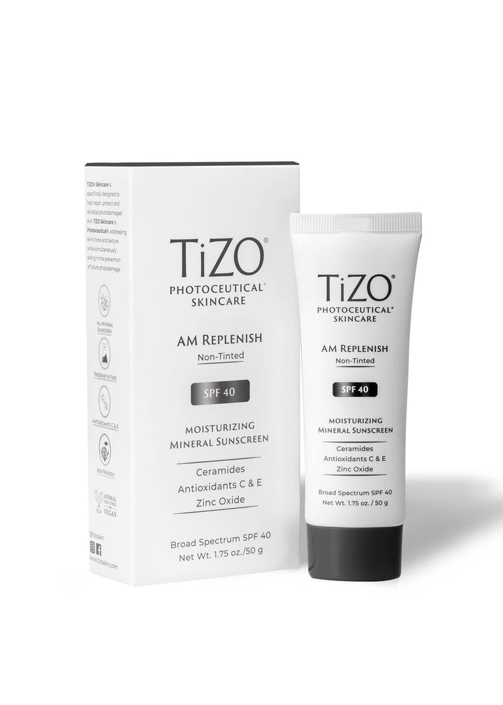TiZO AM Replenish Non-Tinted box and tube on white background.