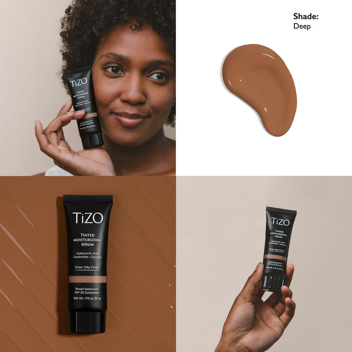 Woman holding TiZO Tinted Moisturizing Serum Deep Shade tube against shoulder, the swatch, product over swatch, and a hand holding the product.