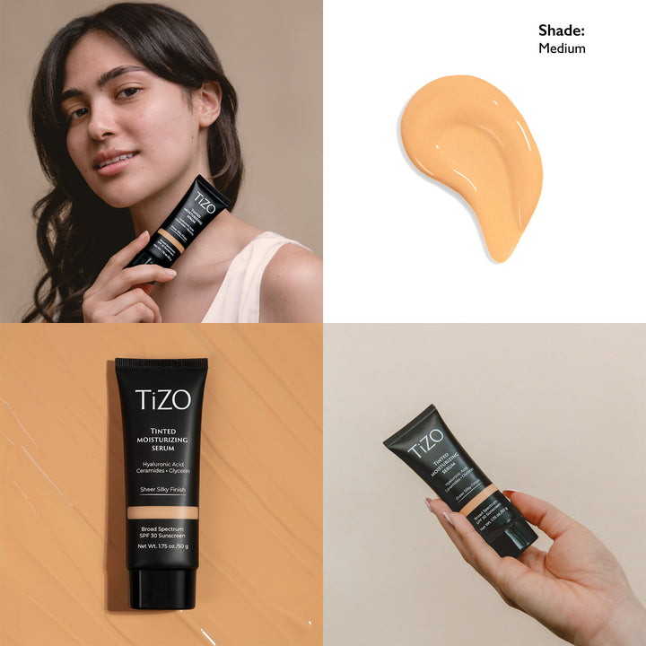Woman holding TiZO Tinted Moisturizing Serum Medium Shade tube against shoulder, the swatch, product over swatch, and a hand holding the product.