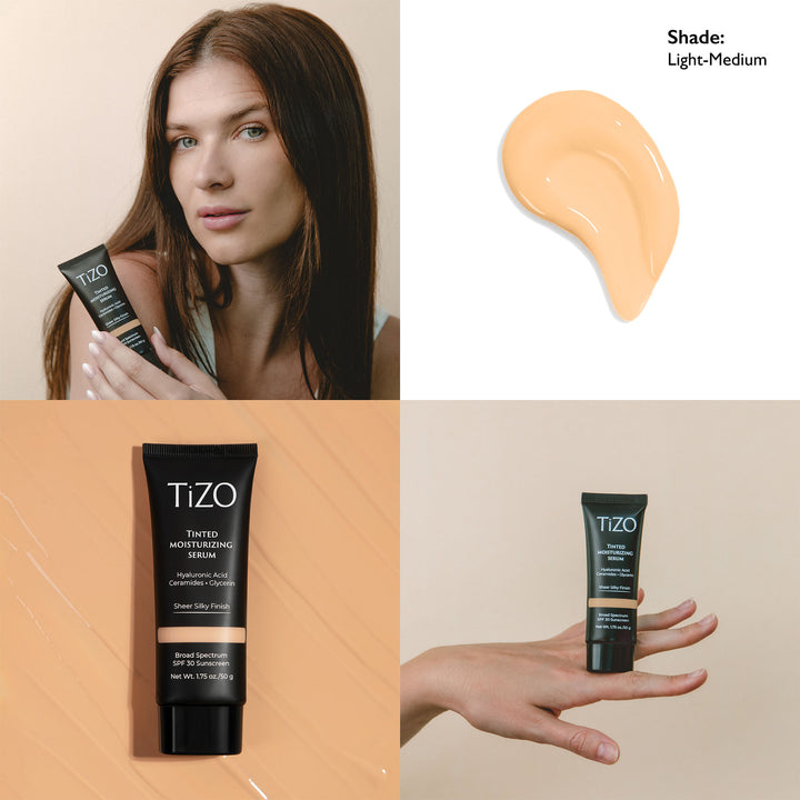 Woman holding TiZO Tinted Moisturizing Serum Light-medium Shade tube against shoulder, the swatch, product over swatch, and a hand holding the product.