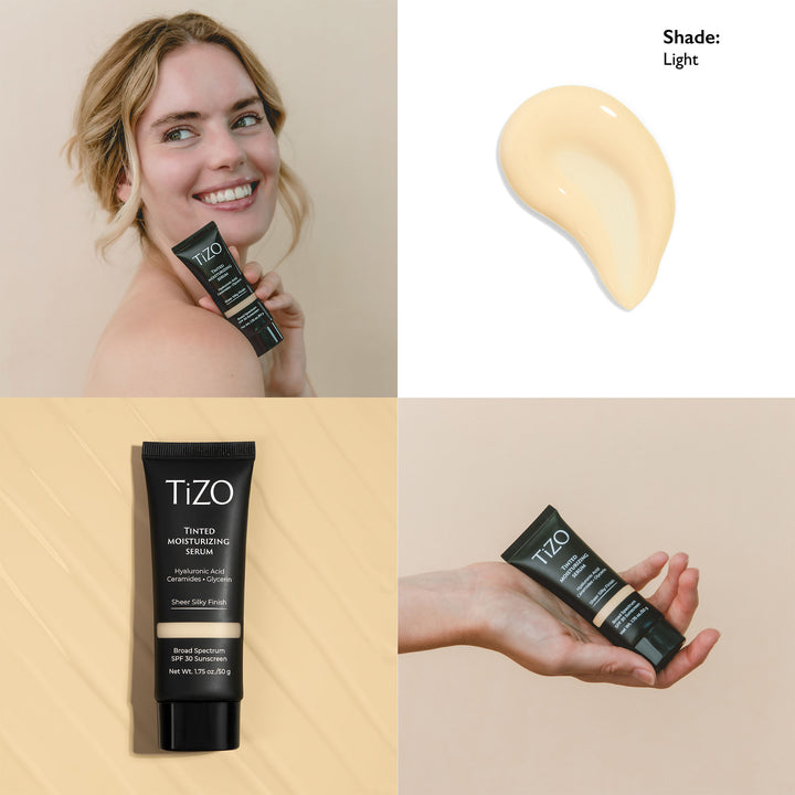 Woman holding TiZO Tinted Moisturizing Serum Light Shade tube against shoulder, the swatch, product over swatch, and a hand holding the product.