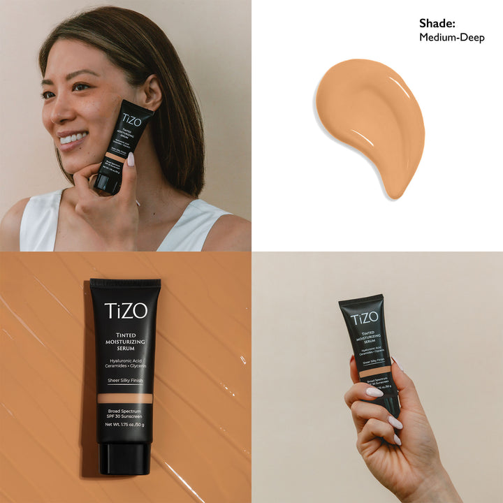 Woman holding TiZO Tinted Moisturizing Serum Medium-Deep Shade tube against shoulder, the swatch, product over swatch, and a hand holding the product.