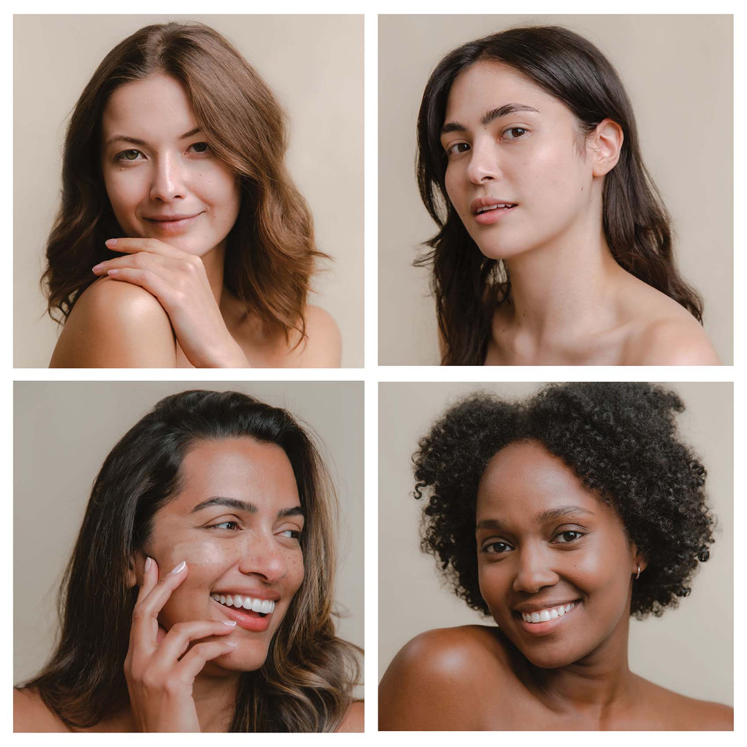 four women of different skin tones posed individually in a grid wearing Tizo Tinted moisturizing serum