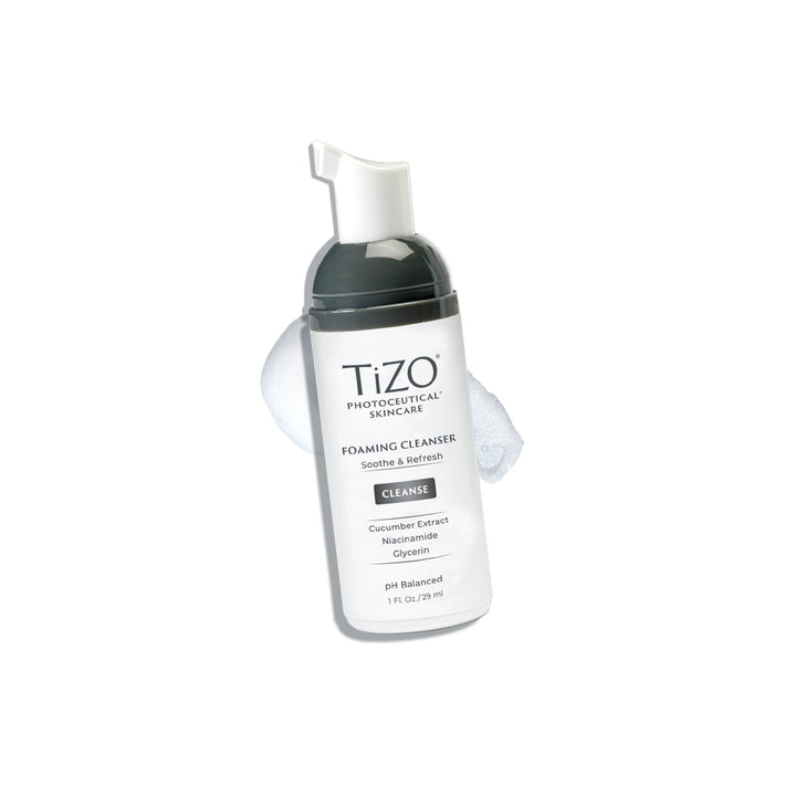 TiZO Mini Foaming Cleanser 1 FL. OZ. bottle on white background.